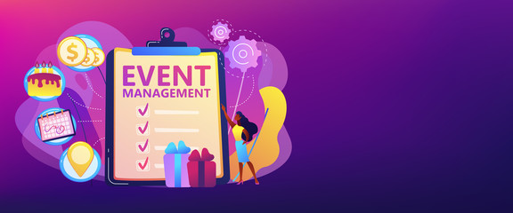 Manager with checklist creating event plan and development. Event management and planning service, how to plan an event, planning software concept. Header or footer banner template with copy space.