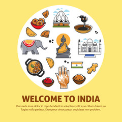 Indian culture promo poster with national symbols set. Religious attributes, architectural constructions