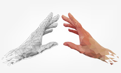 Low polygonal hands, human and robot arms, partnership of people and robots, computer graphics