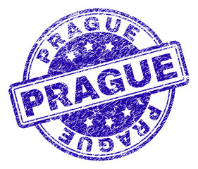 PRAGUE stamp seal imprint with grunge style. Designed with rounded rectangles and circles. Blue vector rubber print of PRAGUE caption with grunge texture.