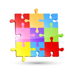 United colorful puzzles, jigsaw. Teamwork, success, strategy metaphor