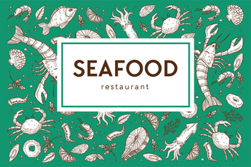 Fototapeta premium Seafood restaurant sketch poster for menu or tablemat template.