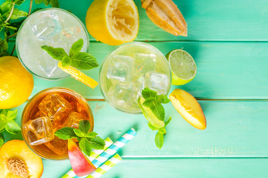 Summer drinks - selection of iced tea refreshments, copy space