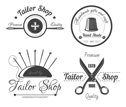 Tailor shop logo for dressmaker atelier and fashion dress tailoring designer salon.