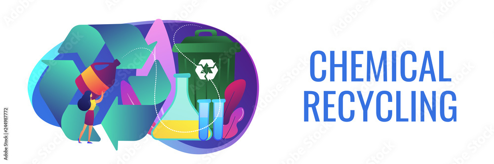 Sticker businesswoman recycling plastic detergent bottle to produce chemicals. chemical recycling, plastics 