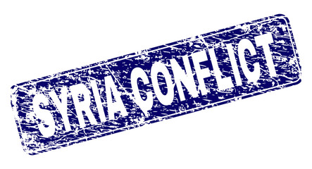 SYRIA CONFLICT stamp seal print with grunge style. Seal shape is a rounded rectangle with frame. Blue vector rubber print of SYRIA CONFLICT caption with grunge texture.