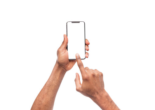 Male hand using blank touchscreen of smartphone