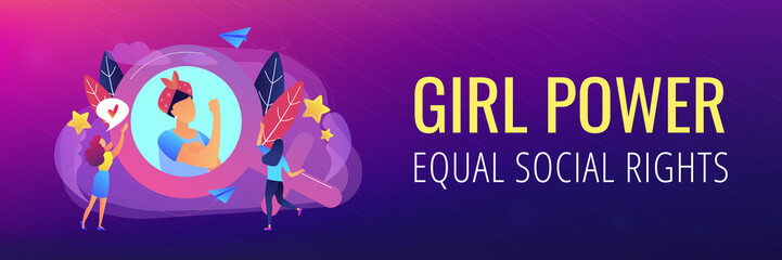 A woman image in female gender sign showing biceps as a concept of feminism, girl power, movement, female equality, equal social and civil rights. Violet palette. Header or footer banner.