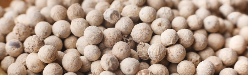 White peppercorns, closeup, panorama