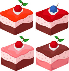 Sweet cake with cherry. Vector icon of sweet cake with jelly and souffle layers and raspberry jam. Set of four cakes.