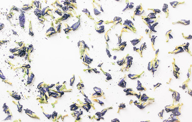 Dry flowers of clitoria close up. Blue tea, anchan.