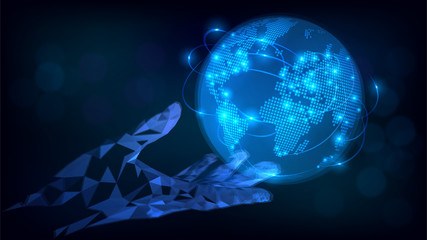 Сommunication technologies, Internet, web, globalization. Blue Earth in low poly arm