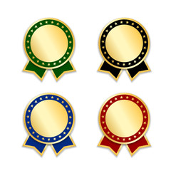 Award ribbons isolated set. Gold design medal, label, badge, certificate. Symbol best sale, price, quality, guarantee or success, achievement. Golden ribbon award decoration. Vector illustration