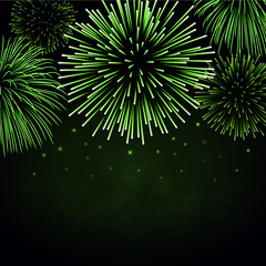 Fototapeta premium Firework sparkle background card. Beautiful bright fireworks isolated on black background. Light green decoration fireworks for Christmas card, New Year celebration. Vector illustration