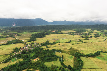 Countryside surrounded by rice fields and mountain