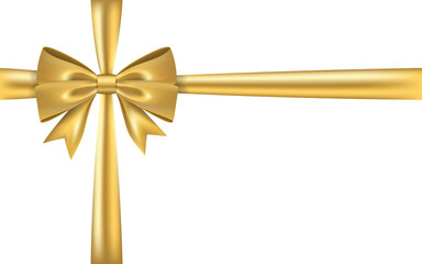 Fototapeta premium Gold gift bow ribbon. Golden bow tie isolated on white background. 3D shiny gift bow tie for Christmas present, holiday decoration, birthday. Silk ribbon for invitation. Vector illustration
