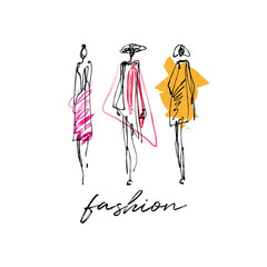 Fashion models hand drawn sketch, stylized ink silhouettes isolated on white background