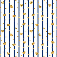 Gold heart seamless pattern. Blue-white geometric stripes, golden confetti-hearts. Symbol of love, Valentine day holiday. Design wallpaper, background, fabric texture. Vector illustration