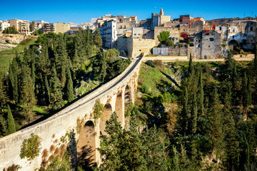 Gravina in Puglia, with the Roman two-level bridge that extends over the canyon. Bari, Apulia, Italy