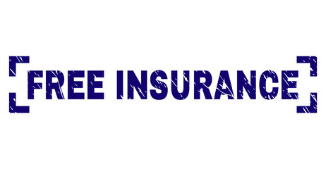 FREE INSURANCE tag seal print with distress texture. Text title is placed inside corners. Blue vector rubber print of FREE INSURANCE with corroded texture.