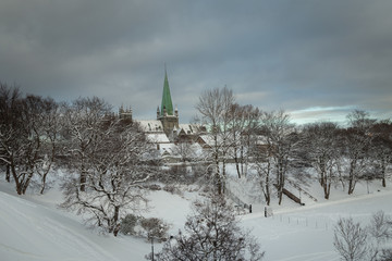 Nidarosdomen Cathedral in Trondheim. Beautiful wintertime.