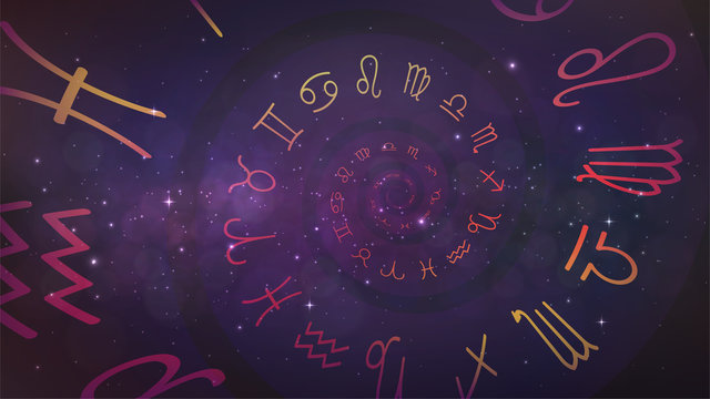 Background with spiral symbols of the zodiac signs in space. Astrology, esotericism, prediction of the future.
