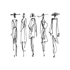 Fashion models hand drawn sketch, stylized ink silhouettes isolated on white background