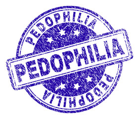 PEDOPHILIA stamp seal imprint with distress texture. Designed with rounded rectangles and circles. Blue vector rubber print of PEDOPHILIA text with grunge texture.