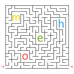 Abstract square maze. An interesting and useful game for children. Collect all the letters and make up the word. Simple flat vector illustration isolated on white background.