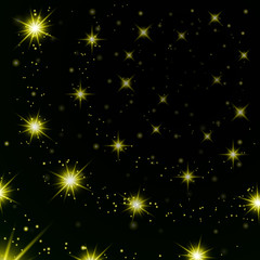 Fototapeta na wymiar Gold stars black night sky background. Abstract bokeh glowing space design. Starry milky way. Galaxy golden starlight shine sparkle. Golden shiny fantasy glow in dark. Vector illustration