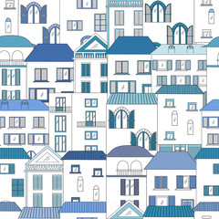 Hand drawn seamless pattern of Italian style houses. Old town vector illustration.