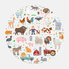 Big cartoon animal farm set with farming pet and bird collection.