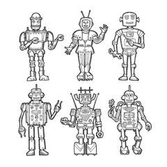 Vintage doodle sketch robots set. Printable version. Coloring book with kids robotics toy.
