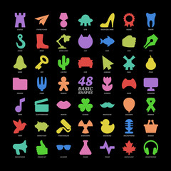  Large basic design colorful icons set with simple shapes of paper plane, high heel shoe, desk lamp, money box, paint roller, finger up, maple leaf, megaphone, glasses, flask, pulse, headphones, bird.