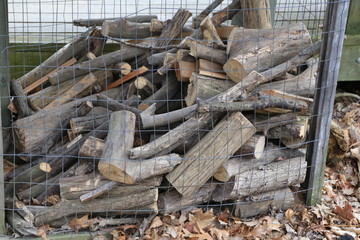Cut firewood in a fenced in conta 