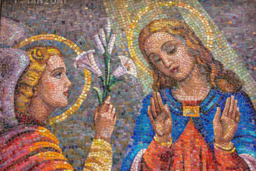 Dettaglio del mosaico della facciata  della Chiesa della madonna delle Grazie a  Nuoro - Sardegna - Italia - obrazy, fototapety, plakaty