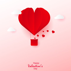 Happy Valentine's day greetings card with paper cut pink heart hot air balloons flying. Vector
