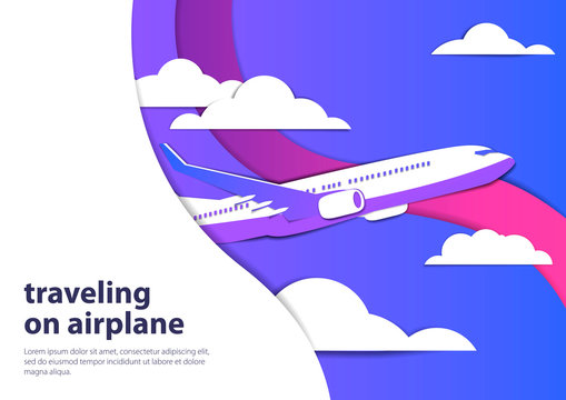vector image of an airplane flying in the sky, in the clouds, the effect of cut paper, travel by plane