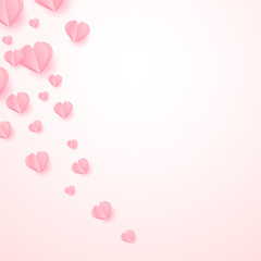 Happy Valentine's day background with paper cut pink hearts flying. Vector.