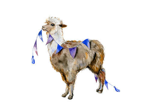 Funny watercolor of brown alpaca with blue small flags decoration. Hand-drawn illustration of cartoon llama. Use it for baby bed linen, children clothing, kids nursery room decor. Interior artwork.