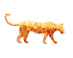 Tiger in low-poly whole moving forward isolated on white background. Orange big cat from polygons side view. Silhouette of an animal from triangles
