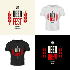 Modern craft beer drink vector logo sign for bar, pub, store, brewhouse or brewery isolated on t-shirt mock up. Premium quality emblem logotype illustration set. Brewing fest badge design bundle.