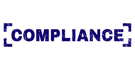 COMPLIANCE title seal print with grunge style. Text caption is placed inside corners. Blue vector rubber print of COMPLIANCE with grunge texture.