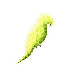 Obraz premium Low poly yellow-green silhouette of parrot side view isolated on white background. Simple exotic polygon stylized bright bird from triangles. Abstract polygonal geometric ara