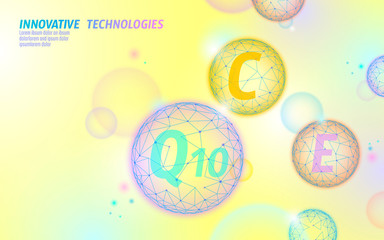 Vitamin complex low poly sphere bubble. Health supplement skin care healthy eating anti-aging pharmacy banner template. 3D coenzyme Q10, C, E. Medicine science vector illustration