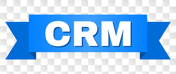 CRM text on a ribbon. Designed with white caption and blue stripe. Vector banner with CRM tag on a transparent background.