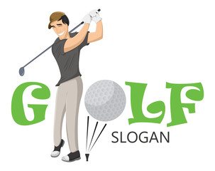 Funny vector illustration of happy golfer hitting the ball with a niblick. Professional golfer playing golf on the golf course. Concept of sport and physical activity, mascot, logo, print, t-shirt,