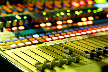 Mixer.Sound mixer controller in the control room.Sound mixer control for live music and studio...