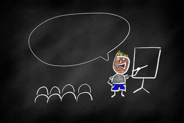 Stickman teaching an audience by showing at a board, chalkboard drawing