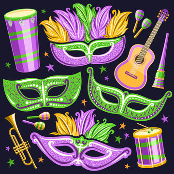Vector set for Brazil Carnival, cut out illustrations of objects for carnival in Rio de Janeiro, drum with drumsticks, elegant venetian masks, music trumpet, vuvuzela and maracas on stars background.